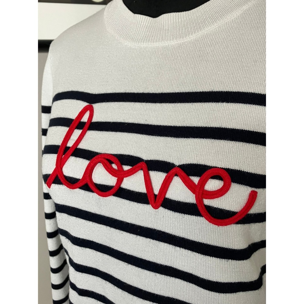 Marled Crewneck Long Sleeve Striped Love Sweater Black White Red Twee Preppy XS - Picture 2 of 7